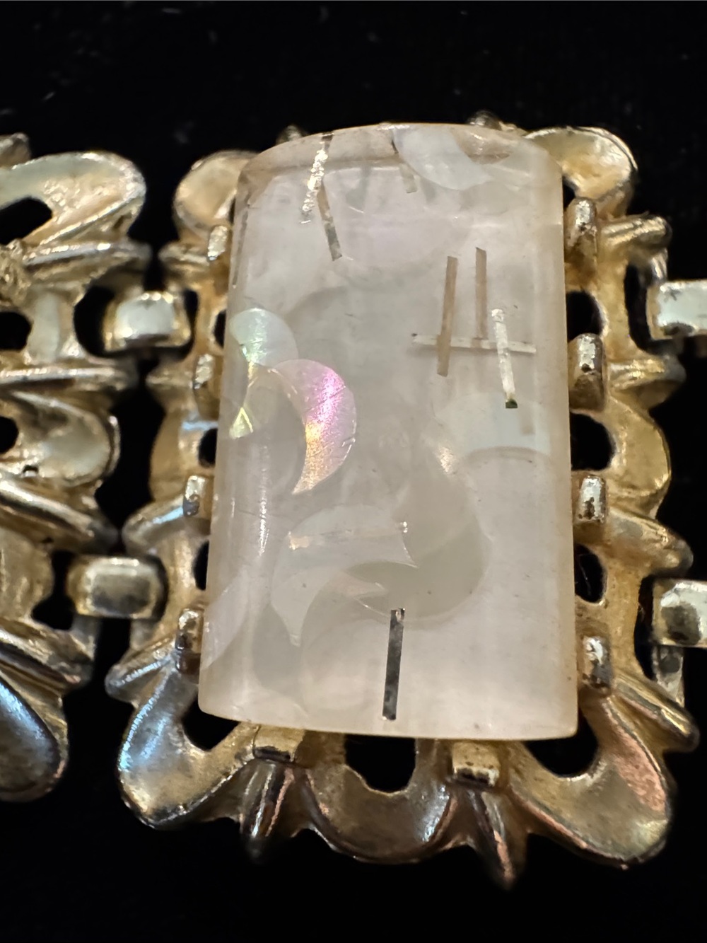 Mid-Century Gold-Tone Bracelet with 6 Confetti White Thermoset Lucite Panels